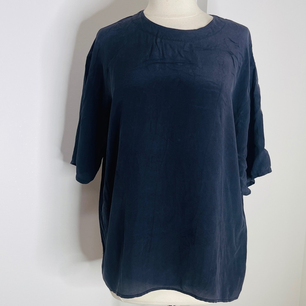 Vintage 90s Navy Blue Silk Blouse Minimalist Oversized Keyhole Back Top Size M/L